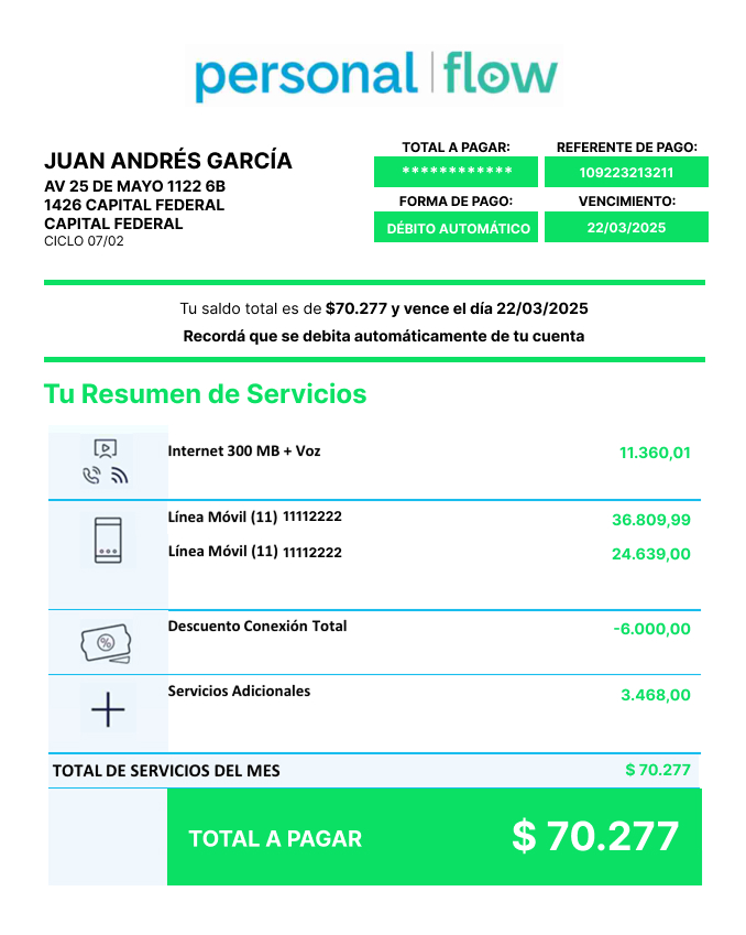 Factura de servicio después del descuento por un total de $70.277