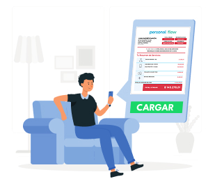 Un hombre sentado cargando una factura con un smartphone